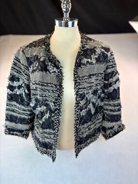 Bigio Collection Tweed Lace Blazer Jacket Women's Size 14 Black White Fringe C4